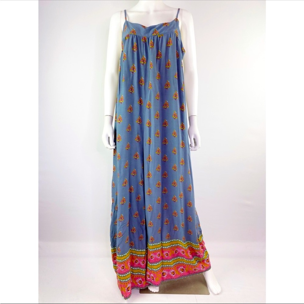 Natural Life Size M Blue Sleeveless Boho Floral Wide Leg Jumpsuit